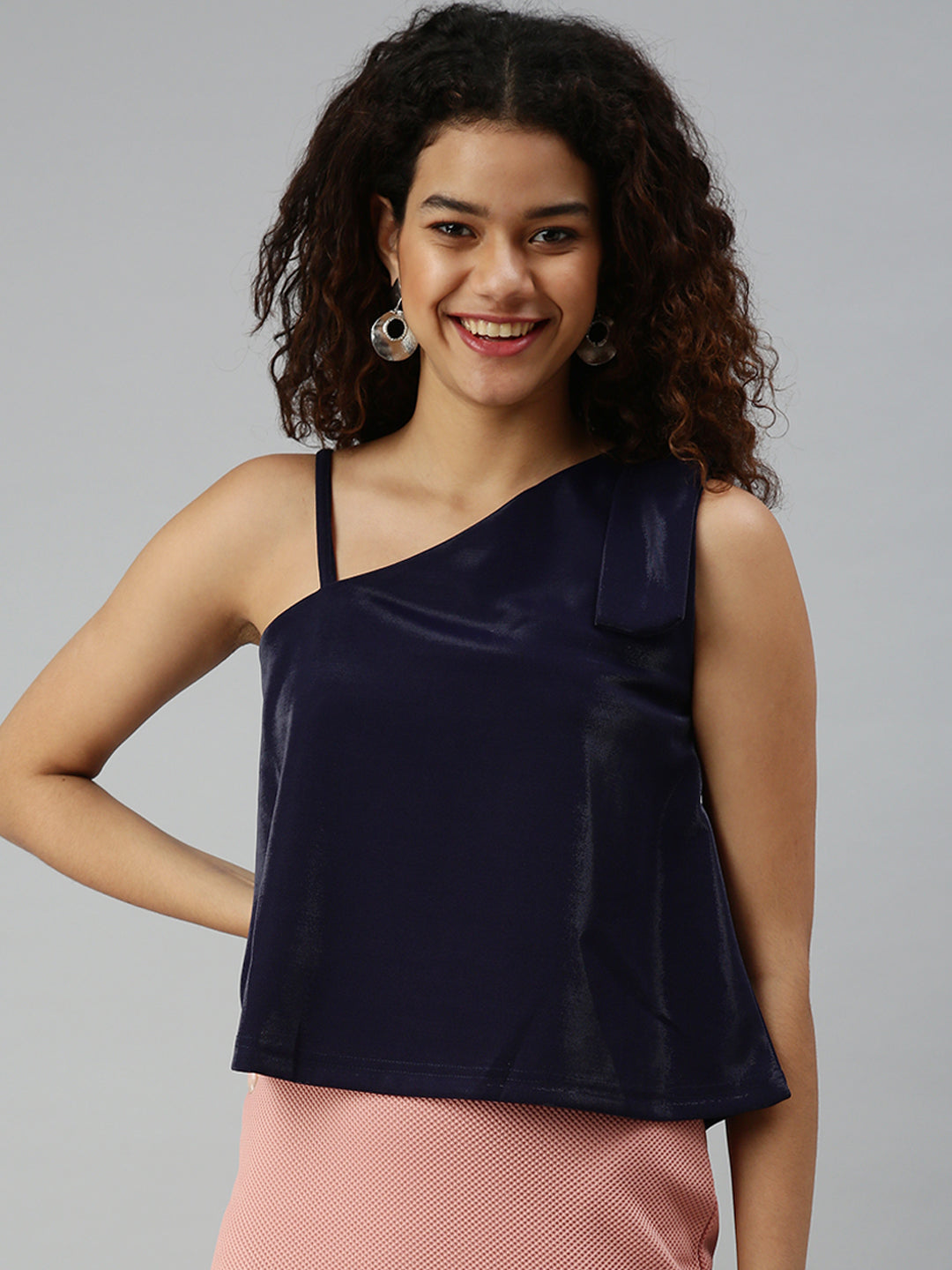 Women Navy Blue Solid Crop Boxy Top