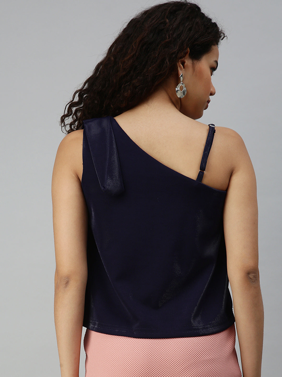 Women Navy Blue Solid Crop Boxy Top