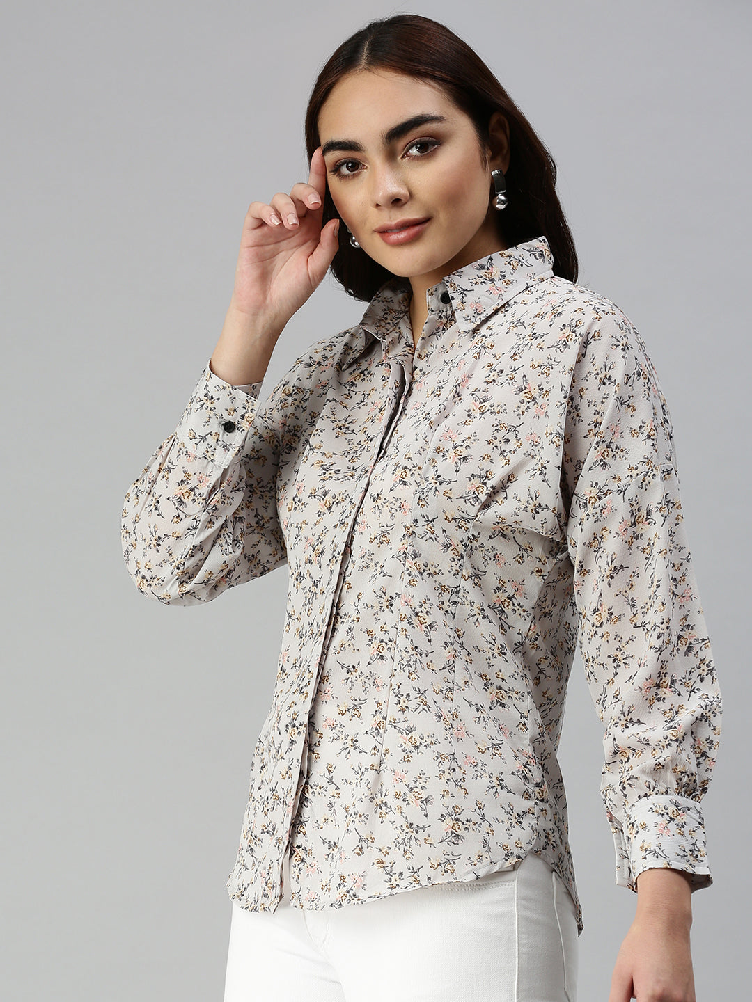 Women's Grey Contemporary Slim Fit Floral Semi Sheer Printed Casual Shirt