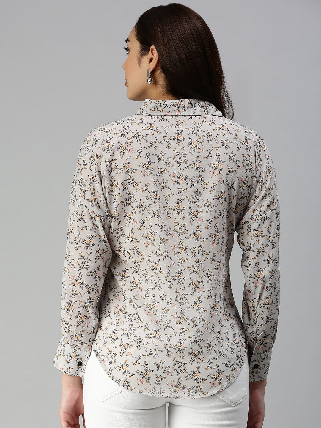 Women's Grey Contemporary Slim Fit Floral Semi Sheer Printed Casual Shirt