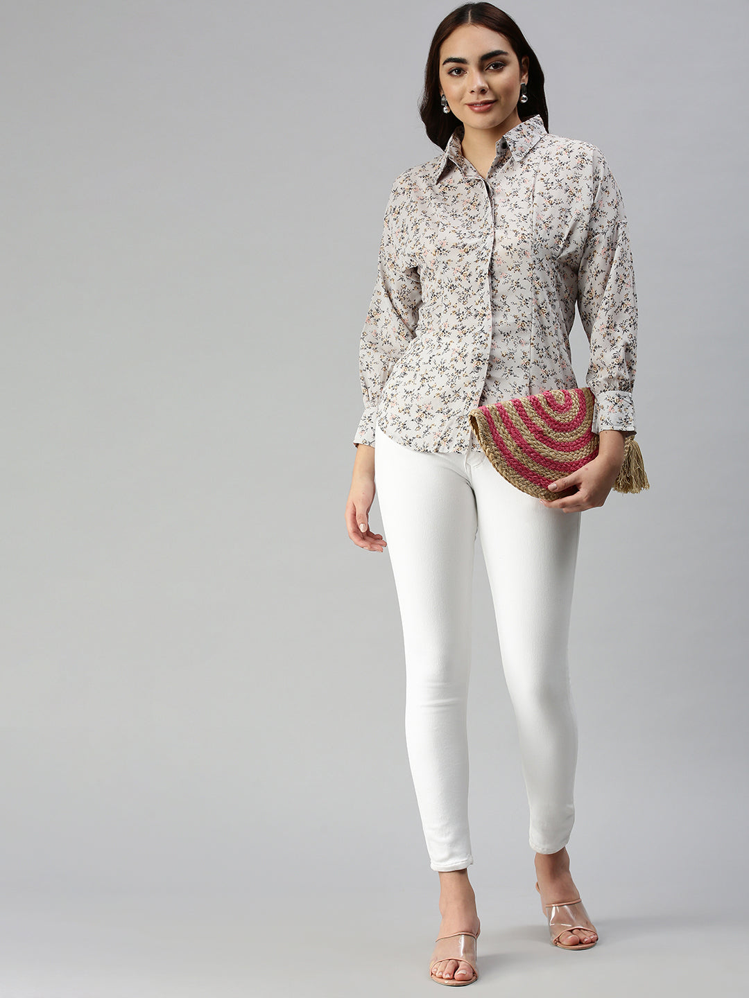 Women's Grey Contemporary Slim Fit Floral Semi Sheer Printed Casual Shirt