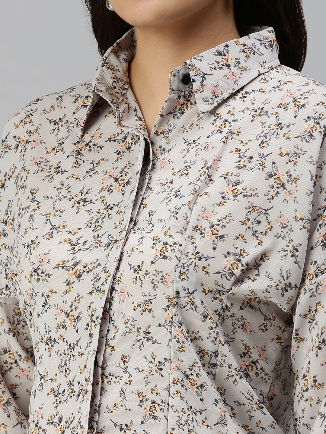 Women's Grey Contemporary Slim Fit Floral Semi Sheer Printed Casual Shirt