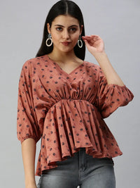 Women's Brown Geometric Print Crepe Empire Top