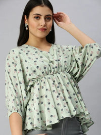 Women's Green Floral Print Crepe Empire Top
