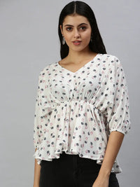 Women's White Print Crepe Cinched Waist Top