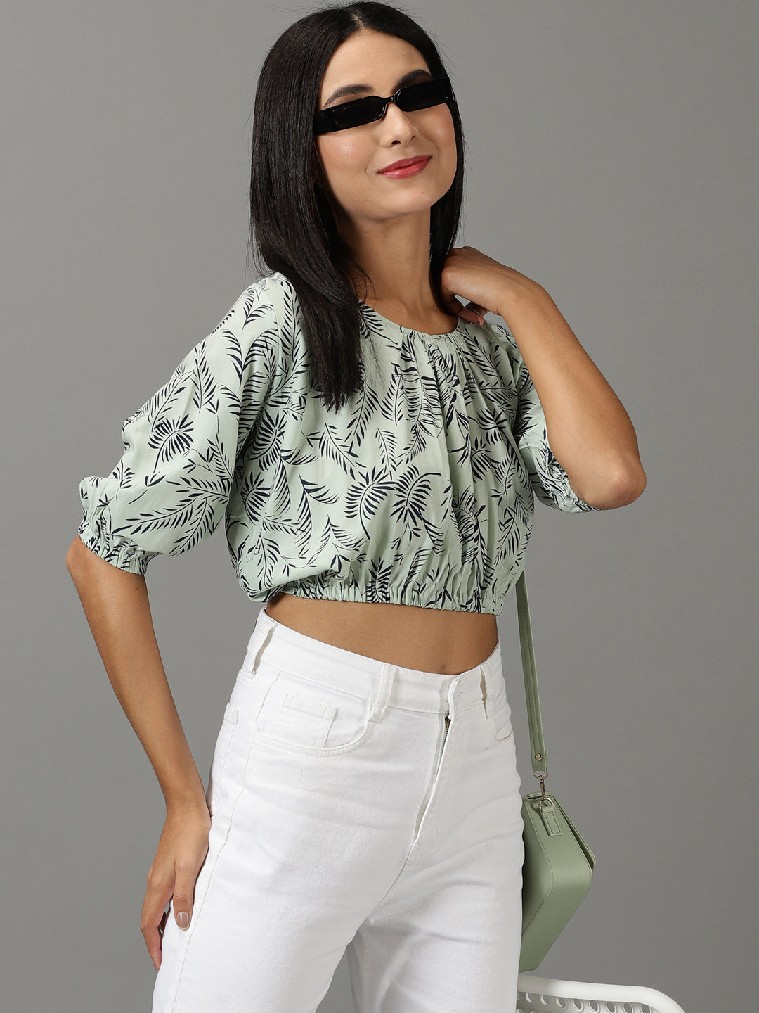 Women's Sea Green Printed Styled Back Crop Top