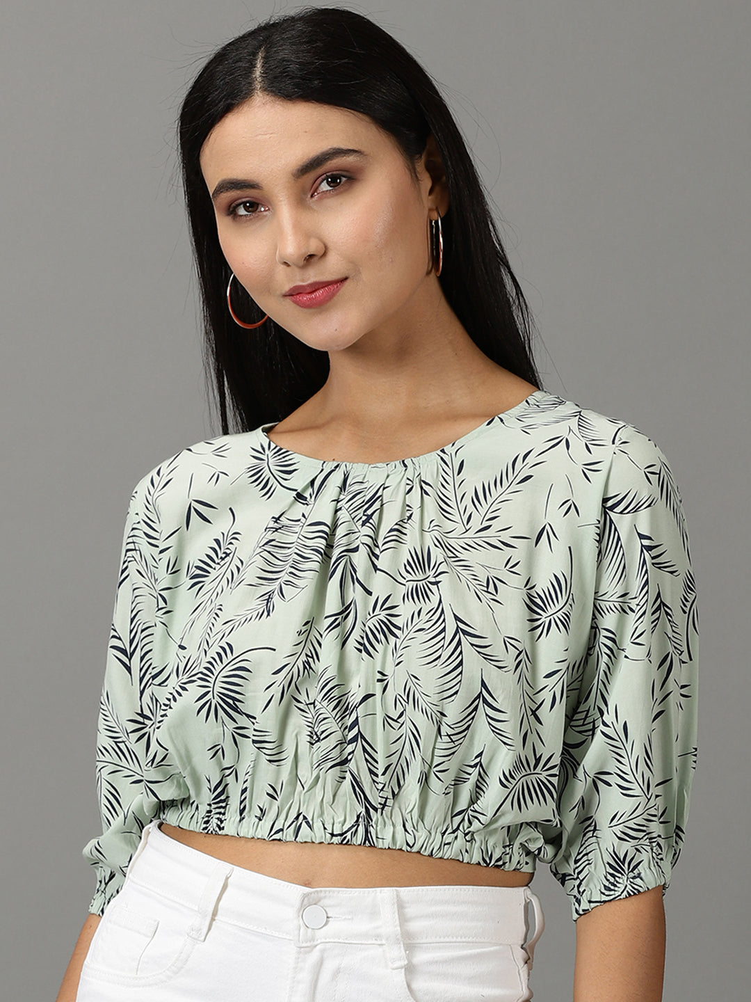 Women's Sea Green Printed Styled Back Crop Top