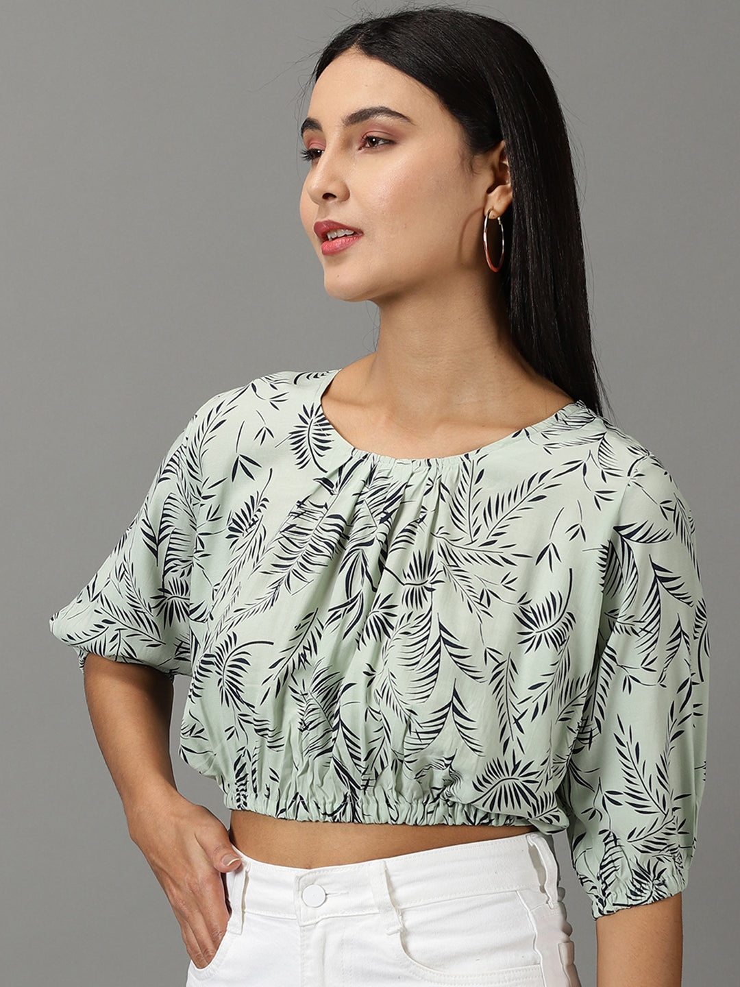 Women's Sea Green Printed Styled Back Crop Top