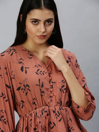 Women's Brown Floral Print Tropical Crepe Cinched Waist Top