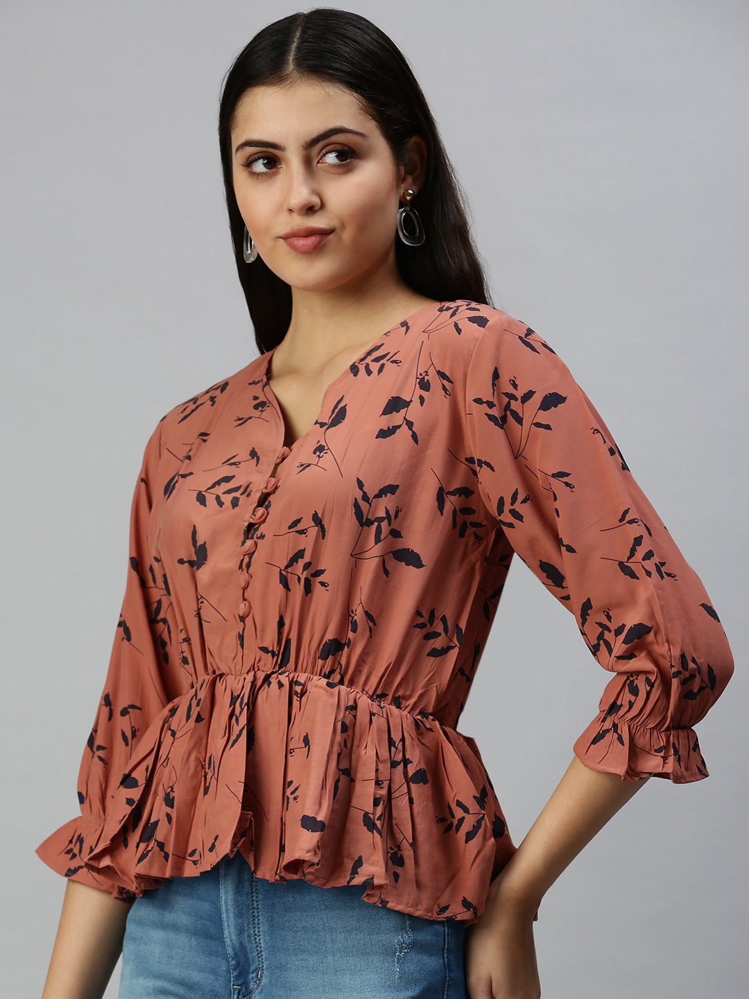 Women's Long Brown Tropical Top