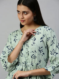 Women's Green Floral Print Tropical Crepe Cinched Waist Top