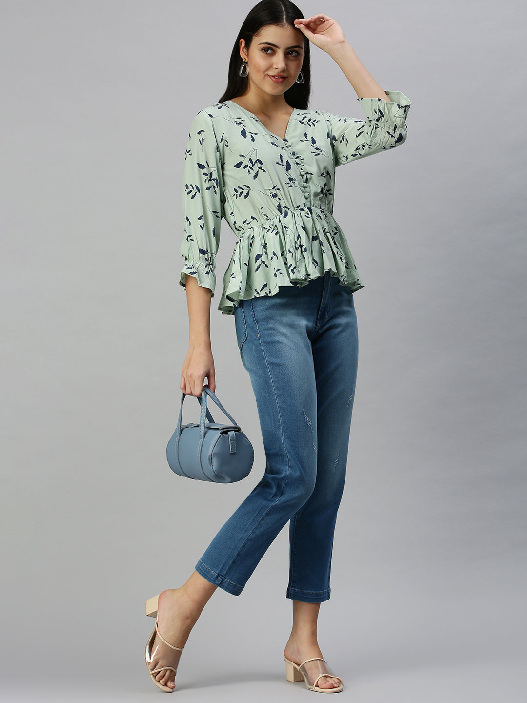 Women Green Printed Peplum Top