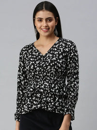 Women's Black Print Cinched Waist Top