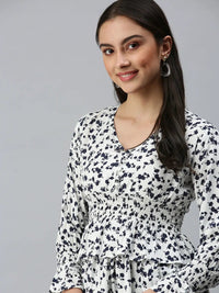 Women's White Animal Print Cinched Waist Top
