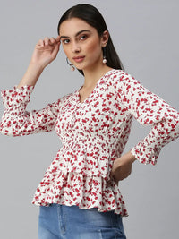 Women's White Floral Print Cinched Waist Top