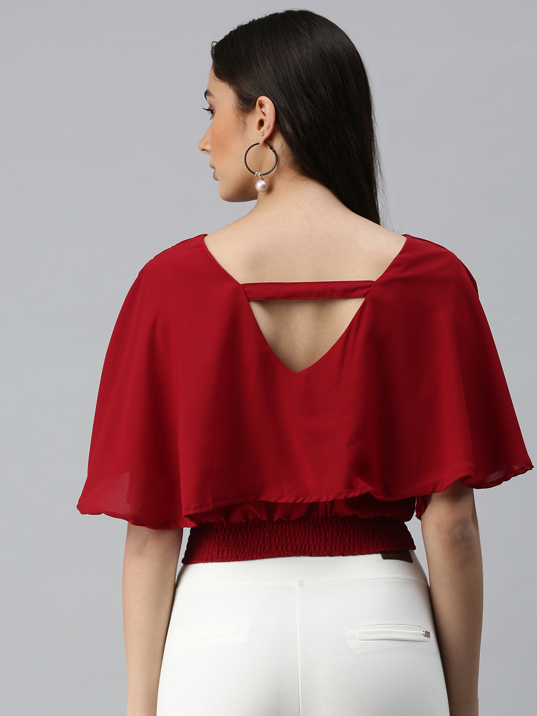 Women Maroon Solid Crop Cape Top