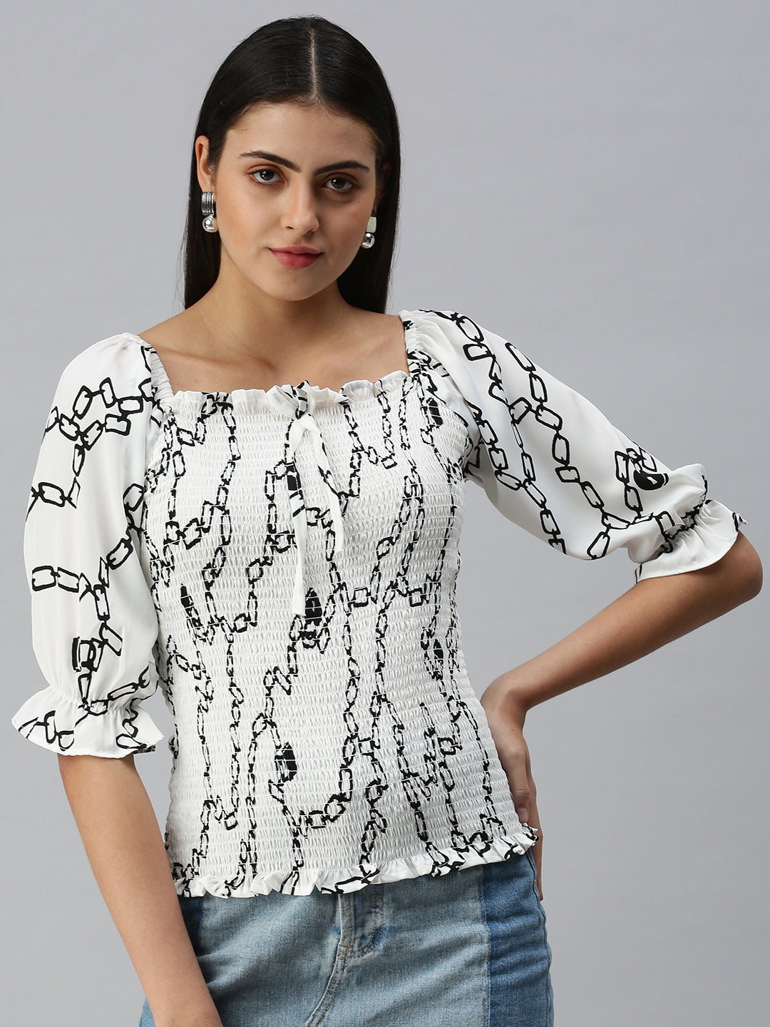 Women White Printed Fitted Top