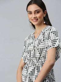Women's White Geometric Printed Crepe Top