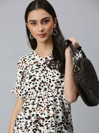 Women's White Animal Printed Extended Sleeves Crepe Top