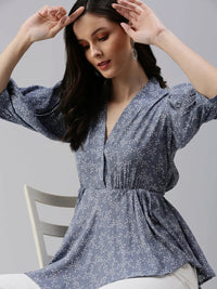 Women's Grey Geometric Print Wrap Top