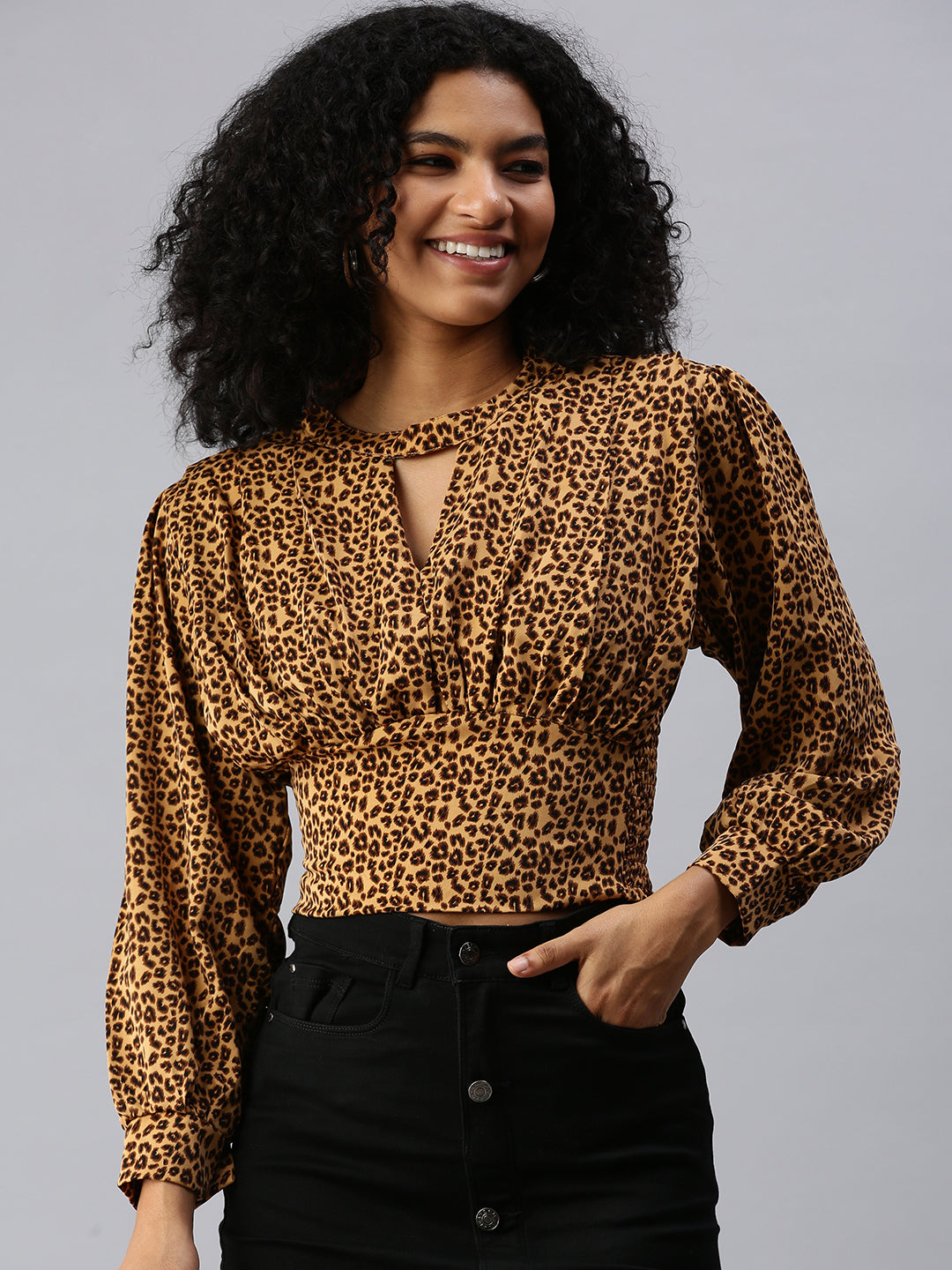 Women's Long Brown Animal Top