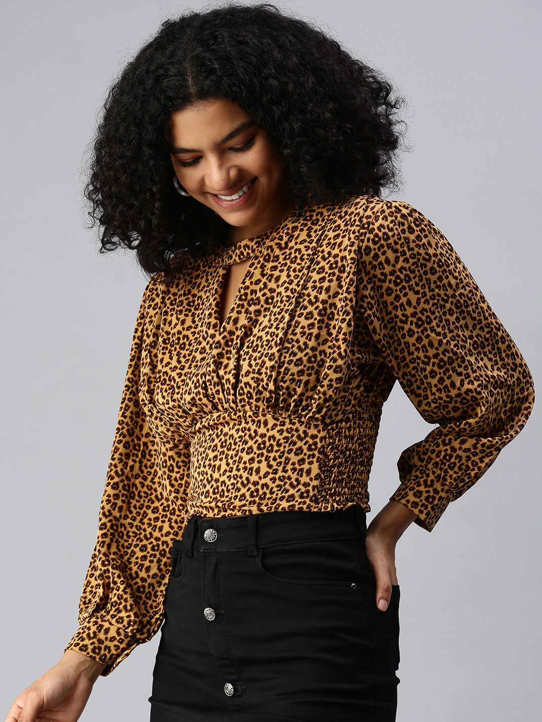 Women's Long Brown Animal Top