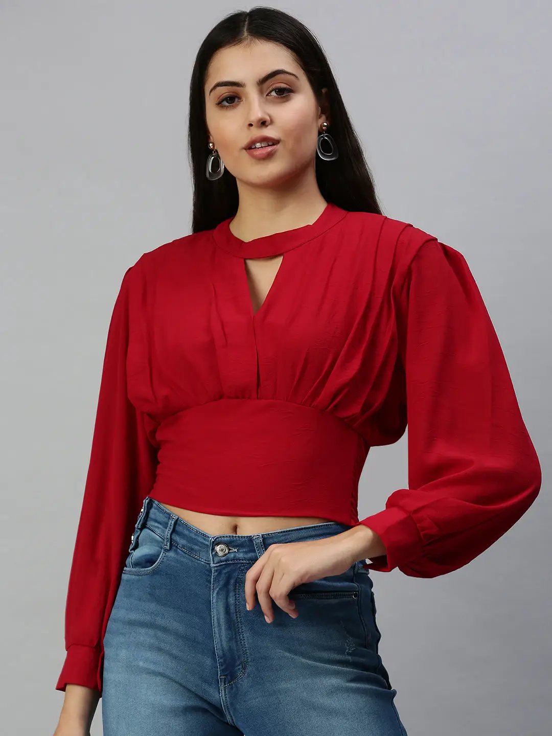 Women's Long Red Solid Top