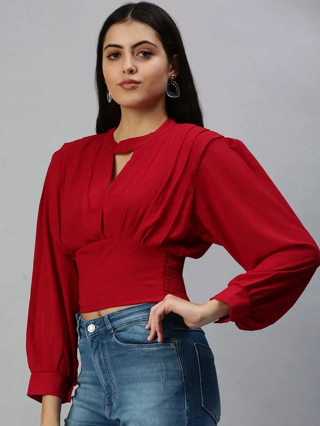 Women's Long Red Solid Top