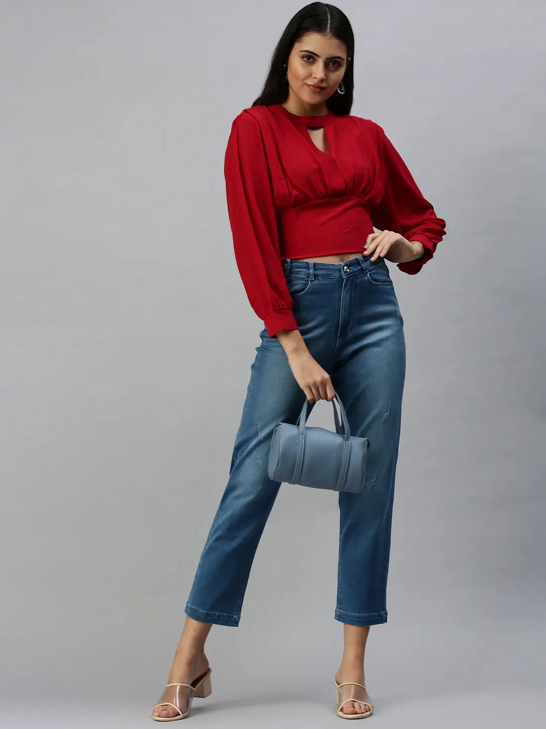 Women's Long Red Solid Top