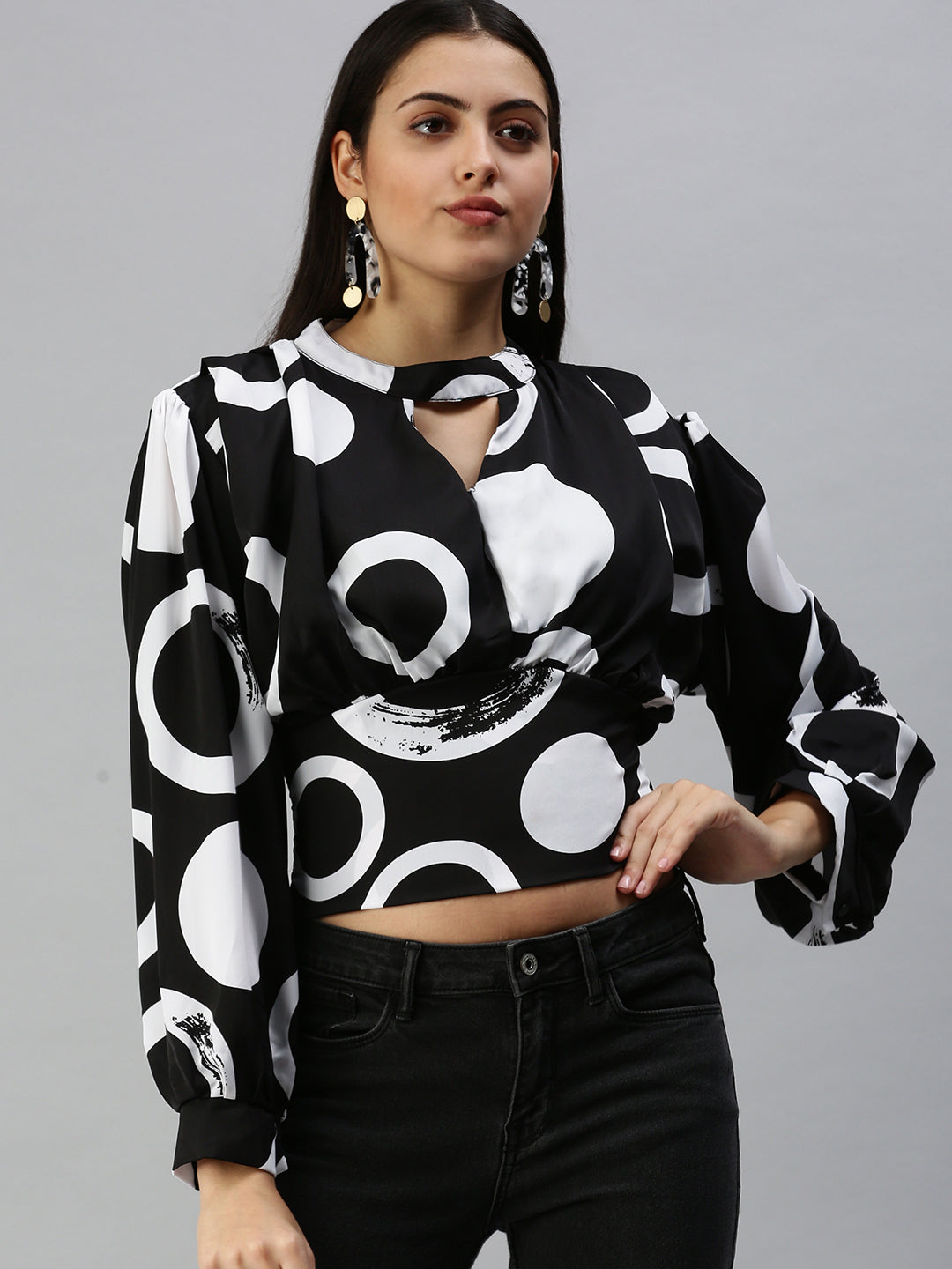 Women's Long Black Geometric Top