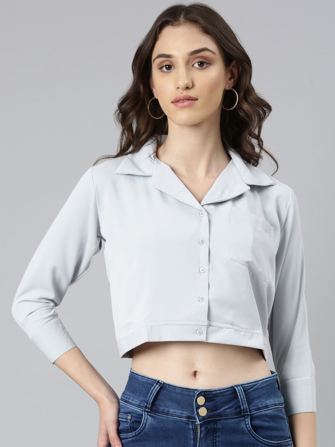 Women Grey Solid Shirt StyleCrop Top