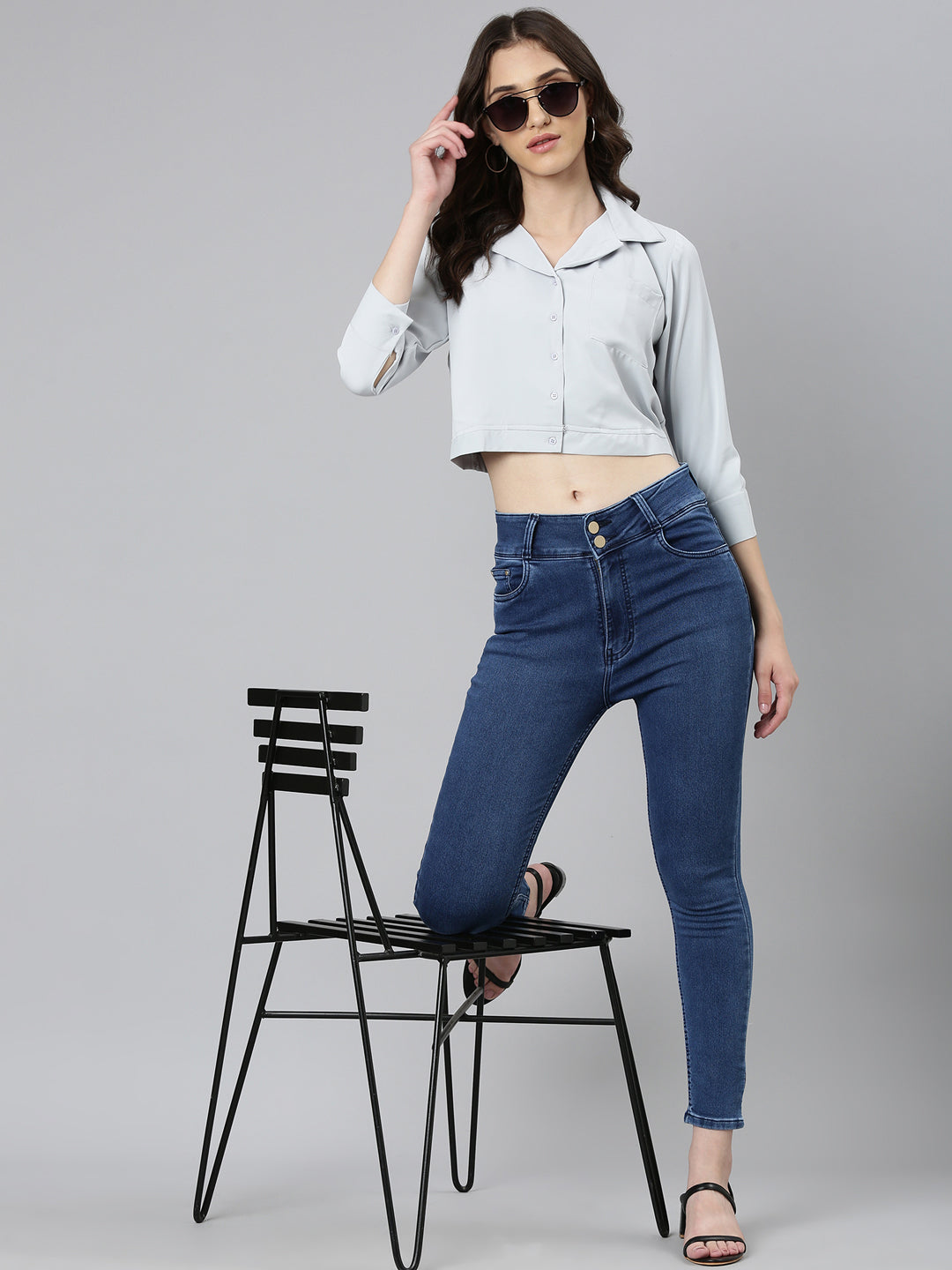 Women Grey Solid Shirt StyleCrop Top