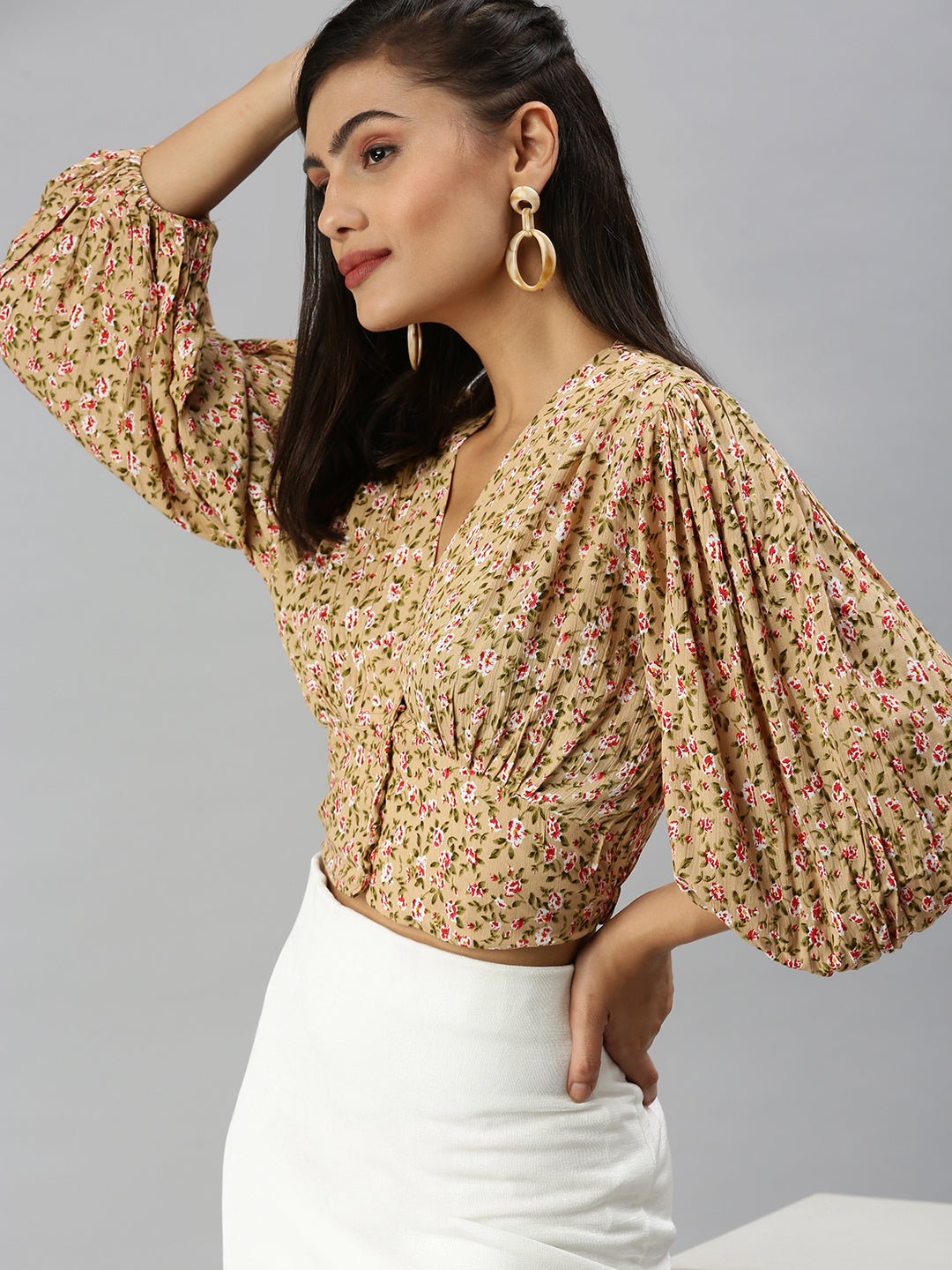 Women's Beige Printed Crop Top