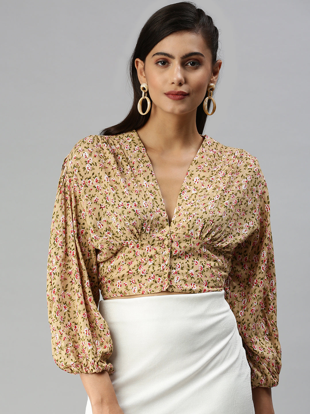 Women's Beige Printed Crop Top