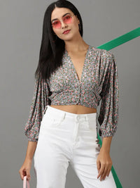 Women's Grey Floral Printed Puff Sleeve V-Neck Empire Crop Top