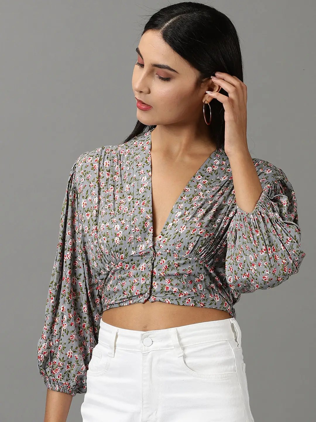 Women's Grey Floral Printed Puff Sleeve V-Neck Empire Crop Top
