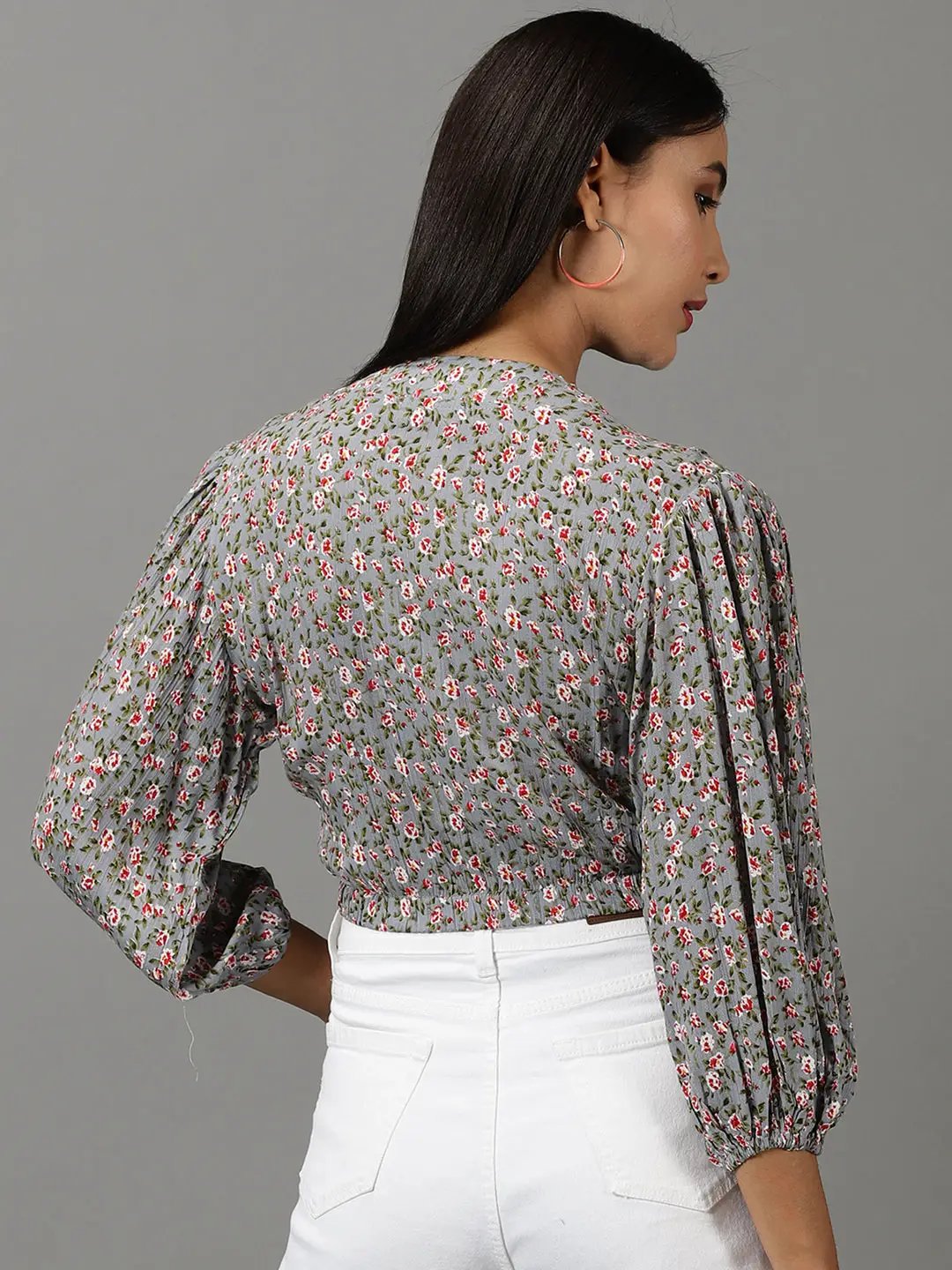Women's Grey Floral Printed Puff Sleeve V-Neck Empire Crop Top