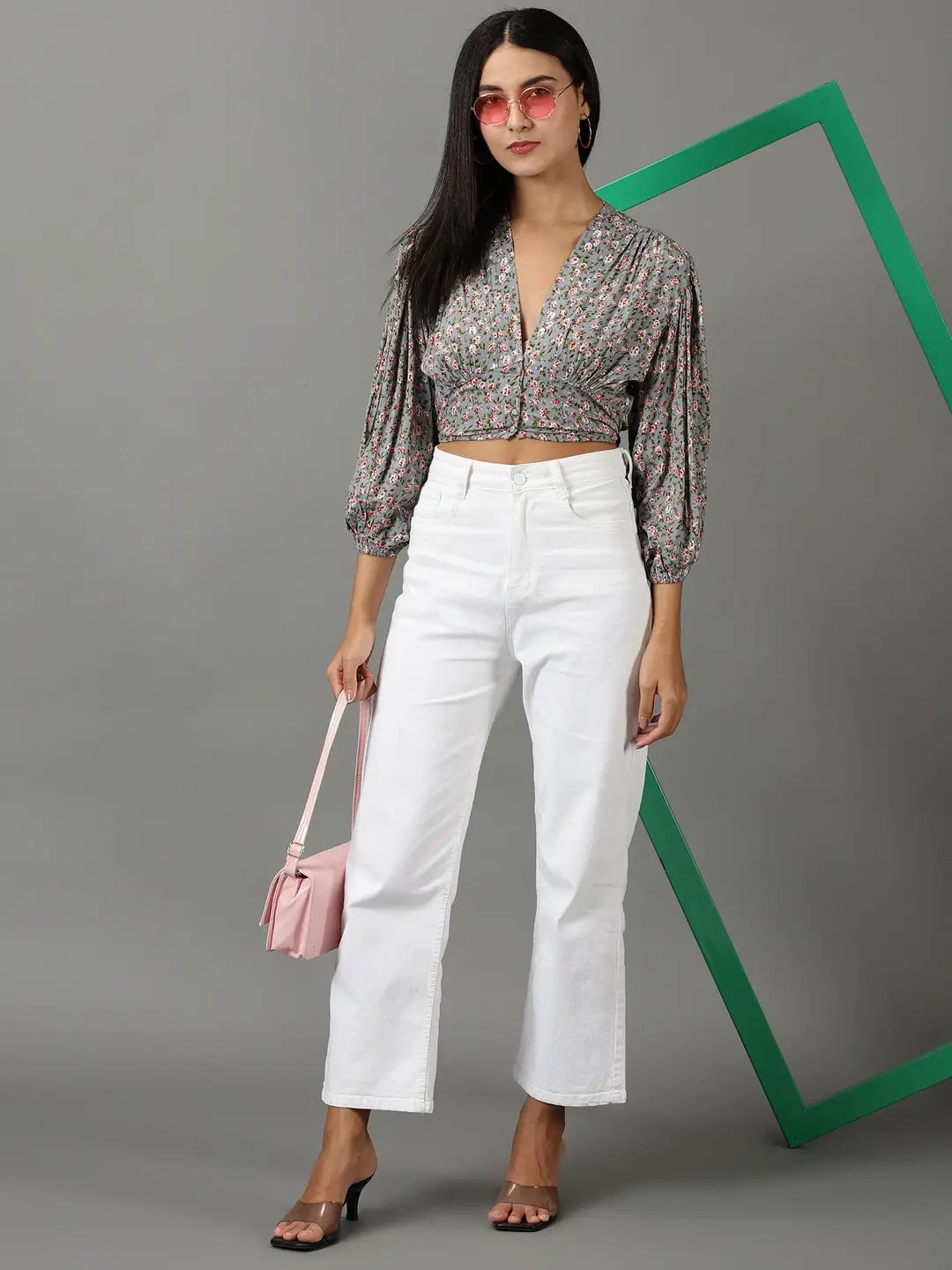 Women's Grey Floral Printed Puff Sleeve V-Neck Empire Crop Top