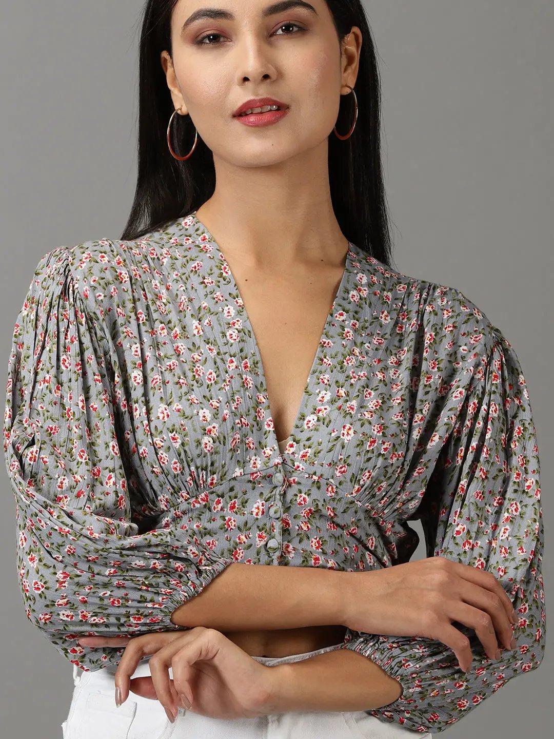 Women's Grey Floral Printed Puff Sleeve V-Neck Empire Crop Top