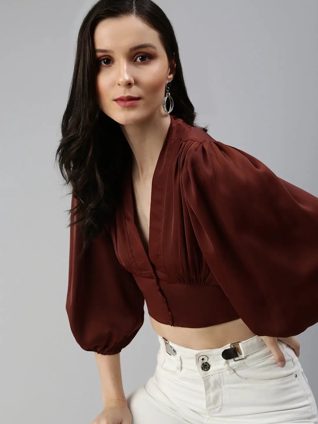 Women's Brown Solid Crop Top