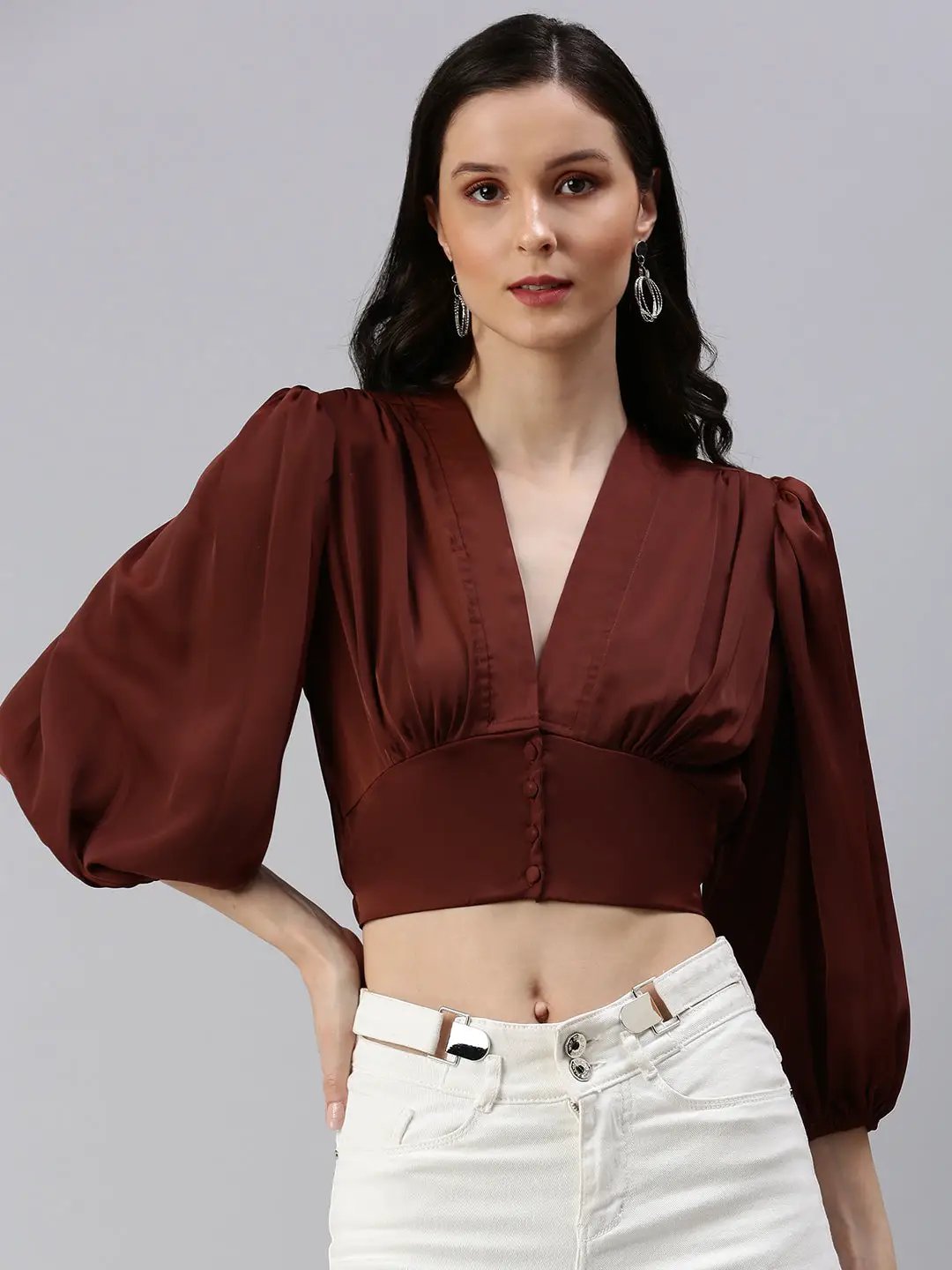 Women's Brown Solid Crop Top