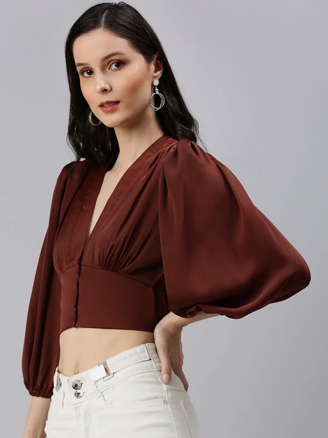 Women's Brown Solid Crop Top