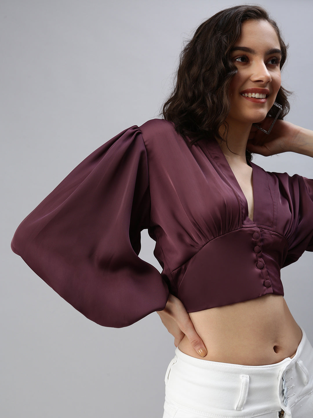 Women's Burgundy Solid Crop Top