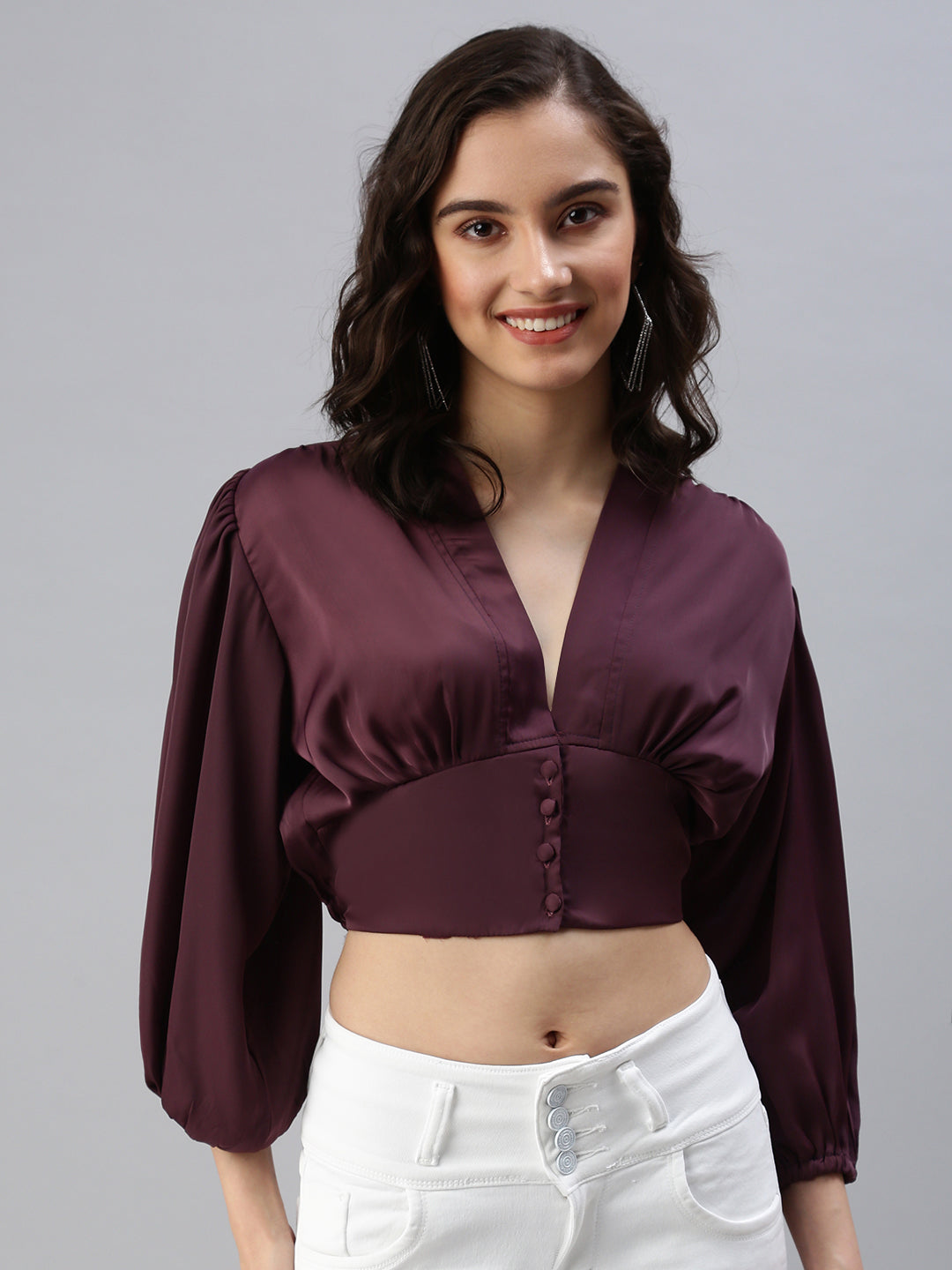 Women's Burgundy Solid Crop Top