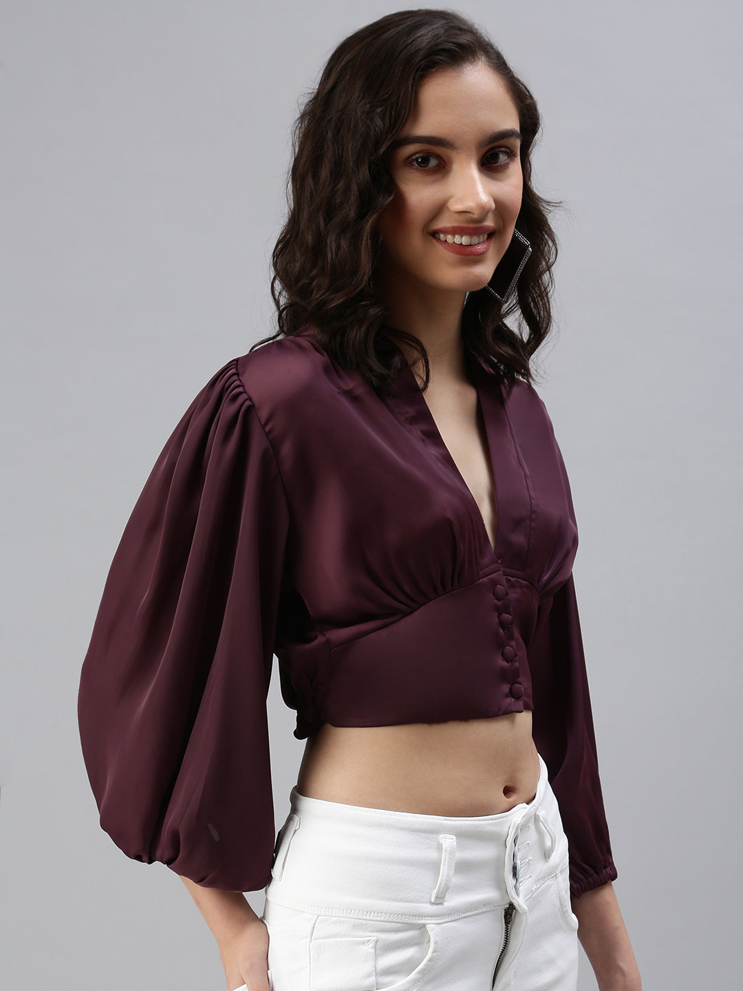 Women's Burgundy Solid Crop Top