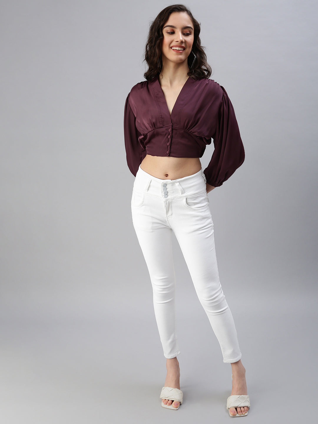 Women's Burgundy Solid Crop Top