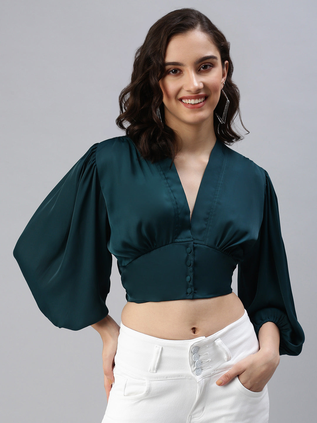 Women's Green Solid Crop Top