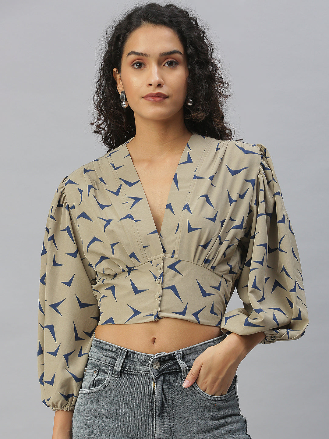 Women's Beige Print Crepe Wrap Crop Top