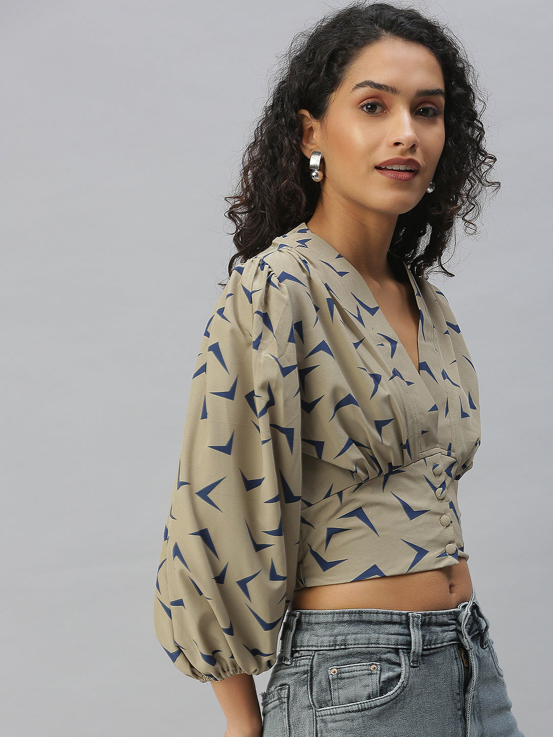 Women's Beige Print Crepe Wrap Crop Top