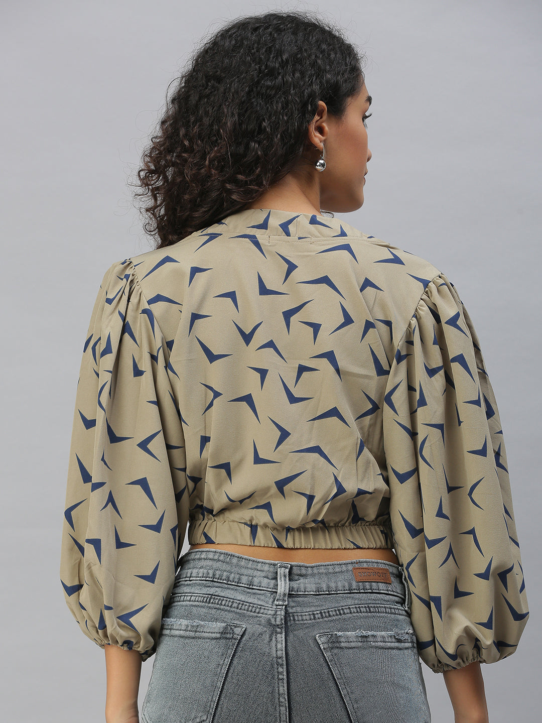 Women's Beige Print Crepe Wrap Crop Top